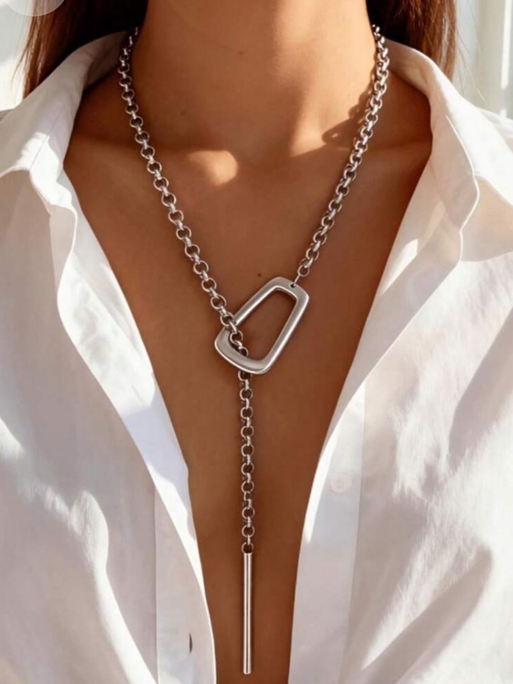 Stainless Steel Silver Geometric Y Lariat Necklace Waterproof Statement Chain